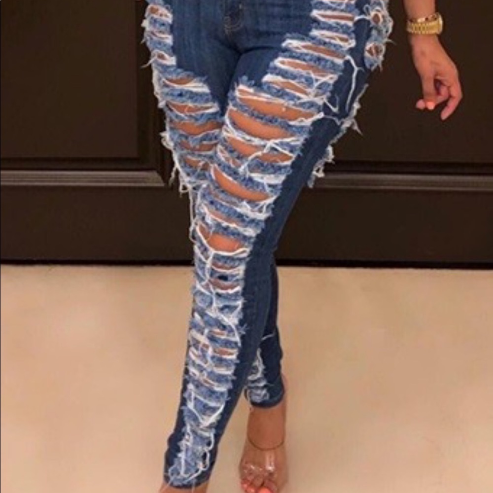 High Waisted Super Distressed Back Jeans